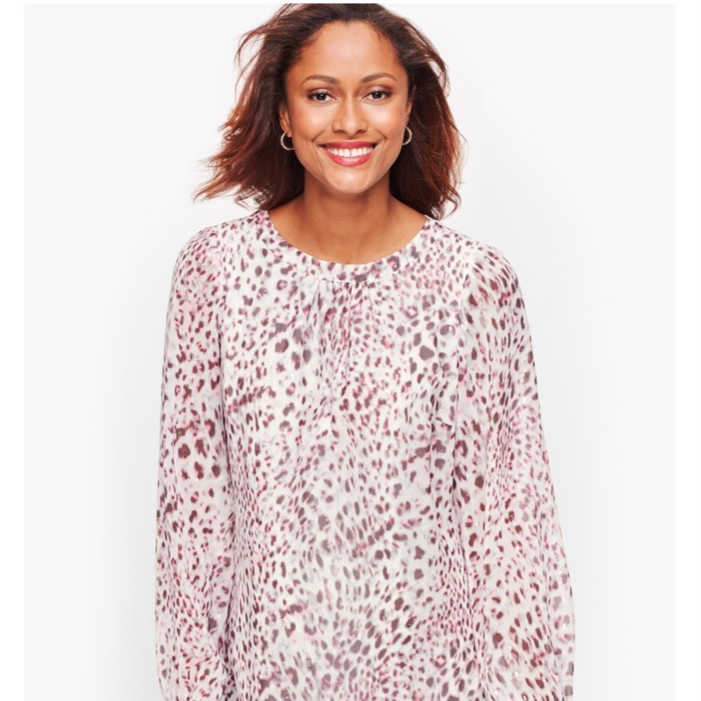 “Talbots” Talbots Women's Snow Leopard Print Blouse W/ A bow in the back